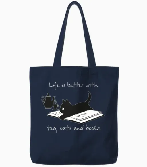 Life Is Better with Tea, Cats and Books Tote Bags in Navy