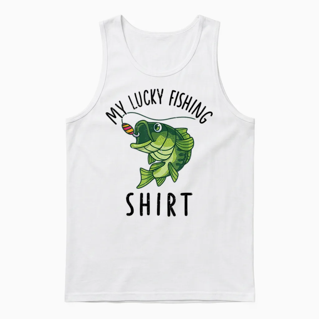 Kids Boys My Lucky Fishing-Shirt Bass Fish Dad Gift Funny Unisex Tank Top in White