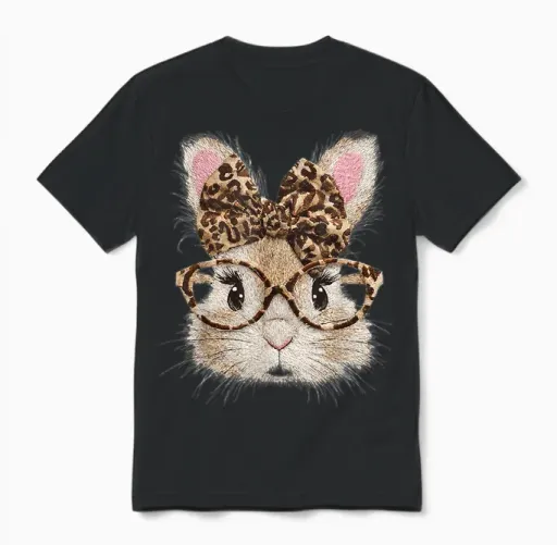 Funny Bunny Face Glasses Bandana Leopard Rabbit Happy Easter Unisex T-Shirt in Black