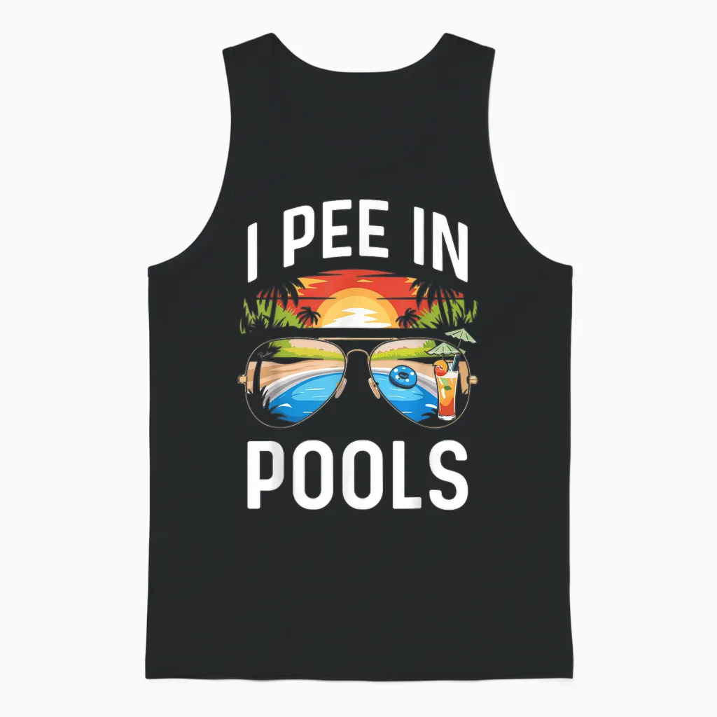I Pee in Pools Shirt Funny Holiday Pool Party T-Shirt, Black Unisex Tank Top in Black