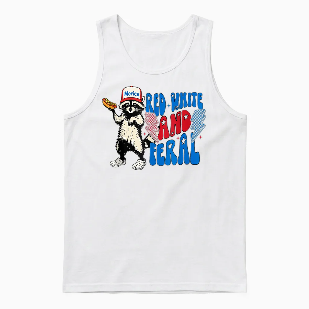 Funny Raccoon 4th of July Patriotic Cute Red White and Feral Unisex Tank Top in White