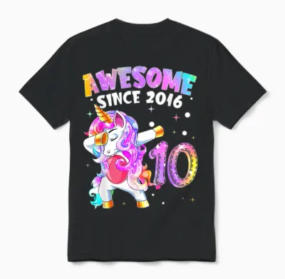 10e Anniversaire Licorne Fille 10 Ans Génial Depuis 2016 Unisex T-Shirt - Black
