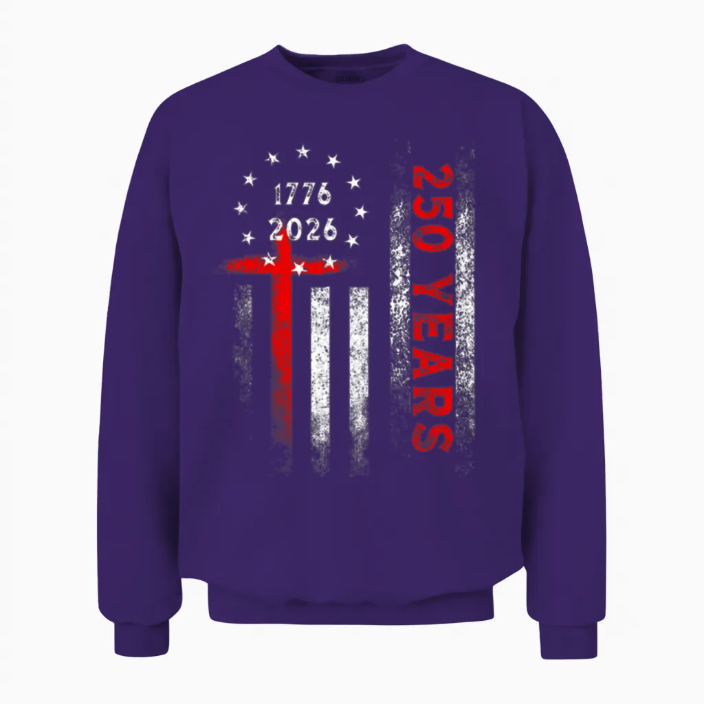 Flag Cross 250 Years Faith and Freedom Flag Cross Unisex Sweatshirt in Purple
