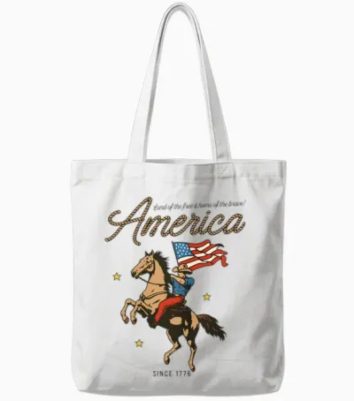 Western America Cowboy Waving American Flag Retro Tote Bags - White