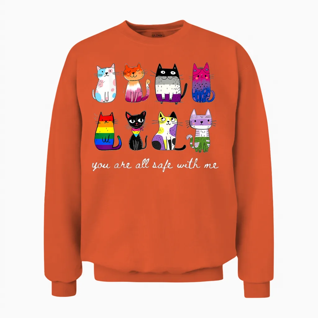 You Are All Safe with Me Cute Cat Pride Month Lgbt Support Unisex Sweatshirt in Orange