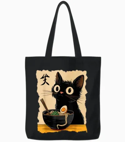 Black Cat Ramen Japanese Kawaii Anime Cat Ramen Tote Bags - Black