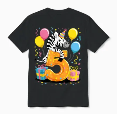 Zebra 5th Birthday Boy Girl 5 Years Fifth Five Zebra Unisex T-Shirt - Black