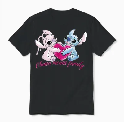 Lilo & Stitch Ohana Heart with Angel T-Shirt, Black Unisex T-Shirt - Black