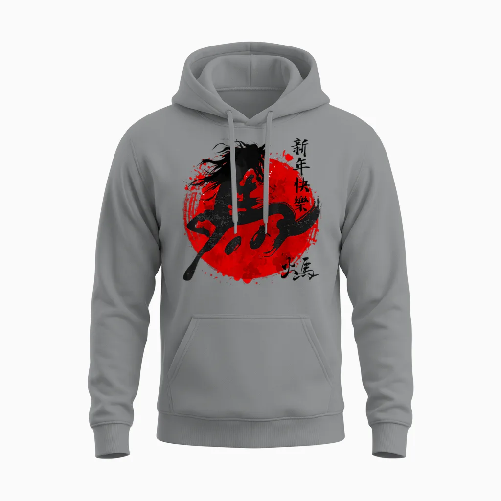 Year of the Horse 2026 Happy Chinese Lunar New Year Horse Zodiac Unisex Hoodie in Sport Grey