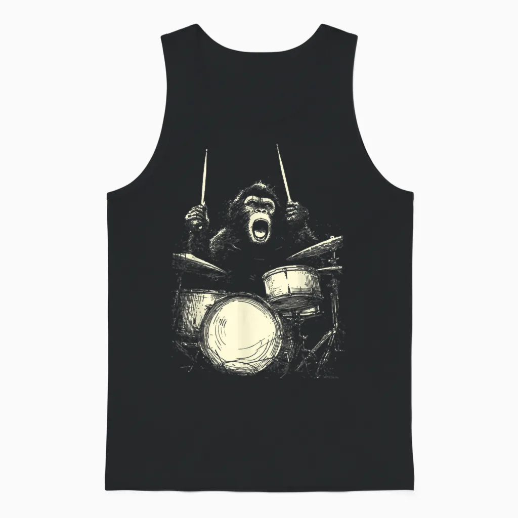 Chimp Playing Drums Funny Music Animal Drummer Unisex Tank Top in Black
