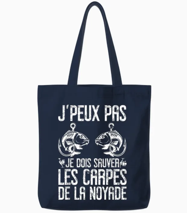 Carp Carpist Humour | Carp Fisherman | Fish T-Shirt, Black, S Tote Bags in Navy