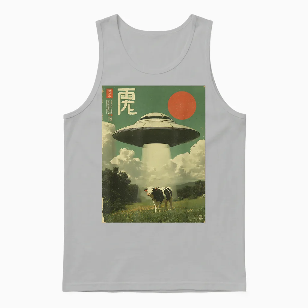 Funny Japanese Ufo Alien Kidnapping Cow Kids Adult Unisex Tank Top in Ash
