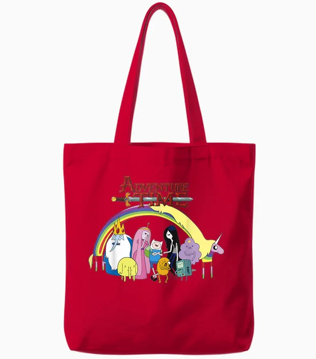 Adventure Time Classic Rainbow Unicorn Group Shot Tote Bags in Red