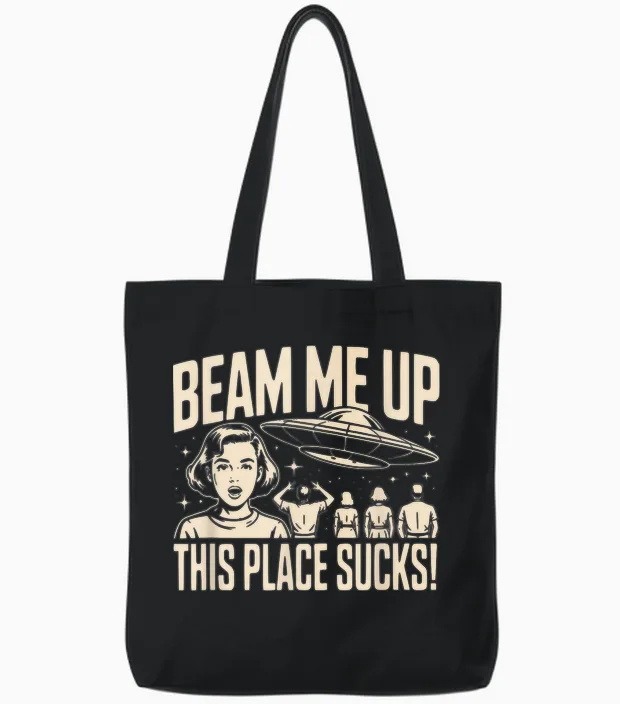 Beam Me Up This Place Sucks Spaceship Retro Tote Bags in Black