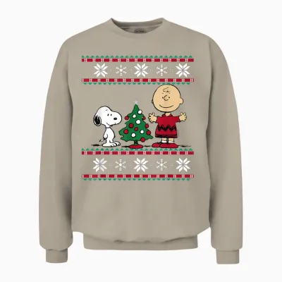 Peanuts Snoopy and Charlie Christmas Tree Short Sleeve T-Shirt Blue Unisex Sweatshirt - Sand