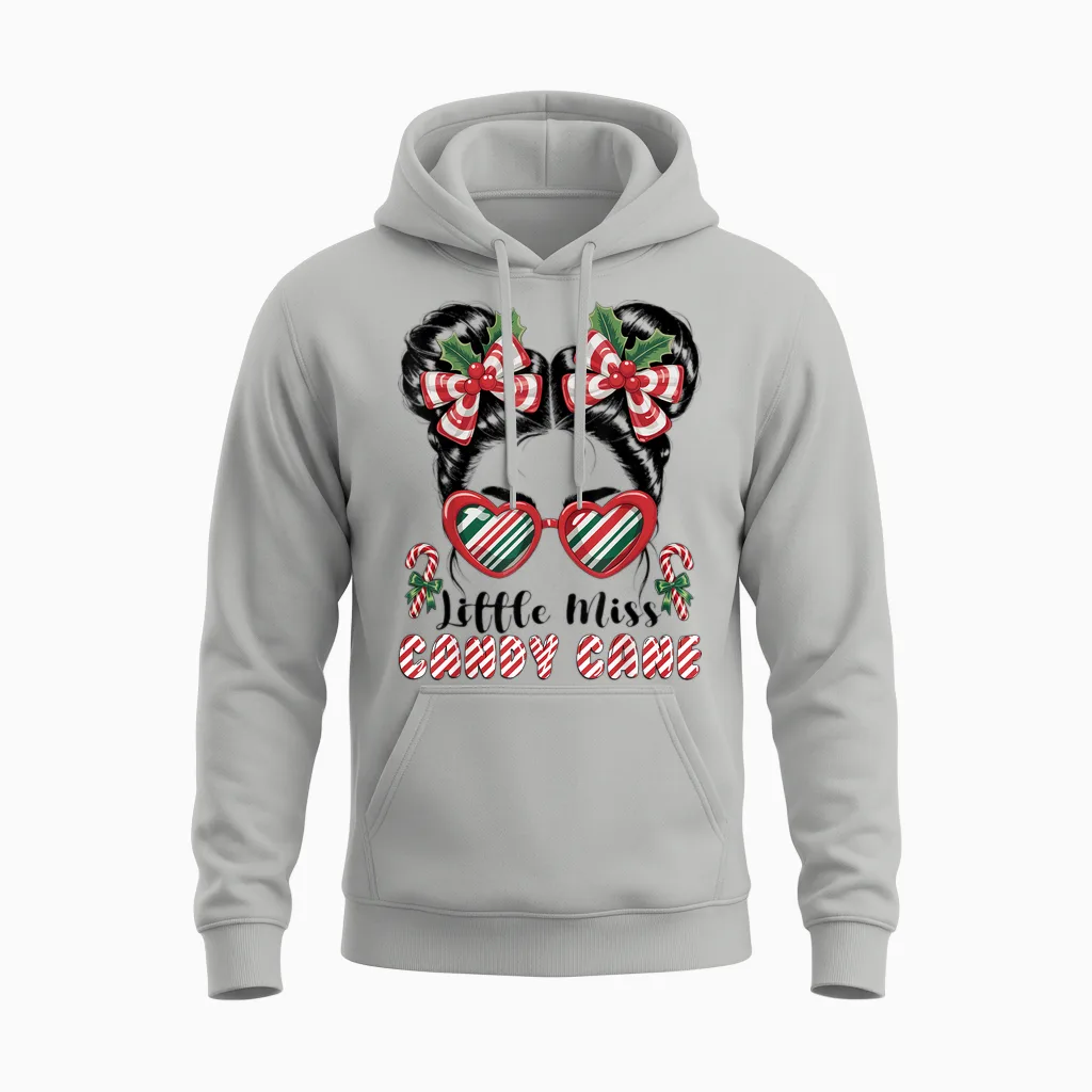 Messy Bun Little Miss Candy Cane Christmas Girls Unisex Hoodie in Ash