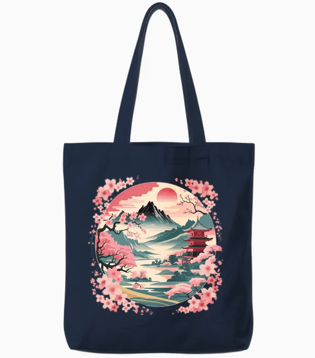 Vintage Japanese Cherry Blossom Flower Landscape Mountain Tote Bags in Navy