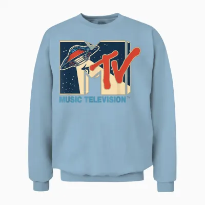 Mademark X Mtv - Mtv Logo Alien Ufo Space Ship Teleporting Beam in Space Mtv Unisex Sweatshirt - Light Blue