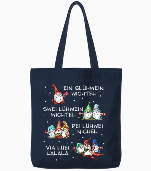 A Mulled Wine Swei Mulled Wine Gnome Christmas Elf Funny T-Shirt, Black Tote Bags - Navy