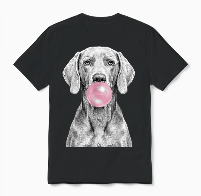 Chien Braque De Weimar Soufflant Bubble Gum Funny Canine Unisex T-Shirt in Black