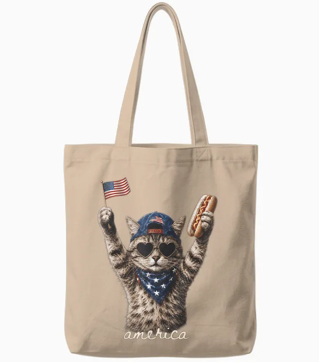 Retro Funny America Cat Hot Dog Lovers Patriotic Us Tote Bags in Natural