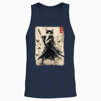 Samurai Cat Graphic Tee Warrior Vintage Japanese Art Anime Unisex Tank Top - Navy