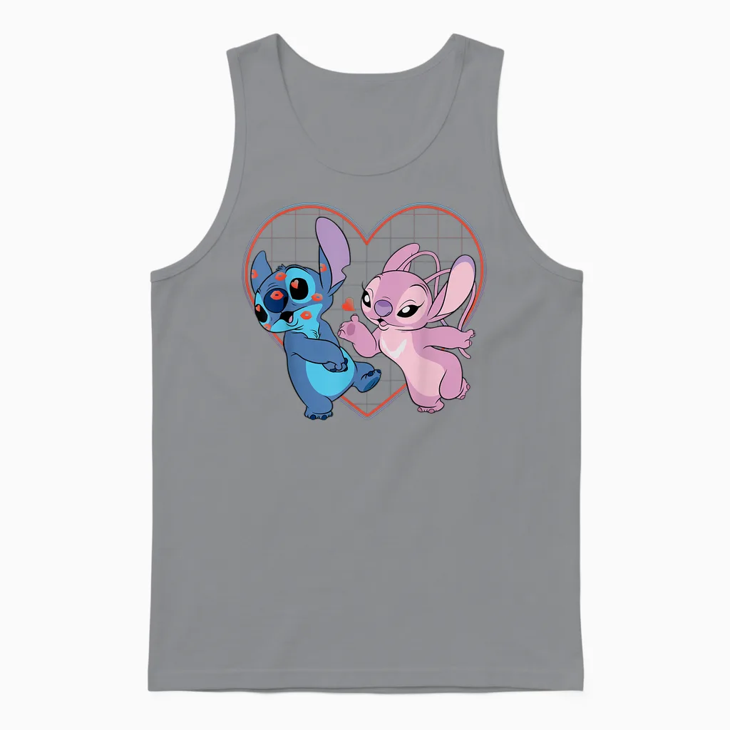 Disney Lilo and Stitch Angel Kisses Love T-Shirt, Black Unisex Tank Top in Sport Grey