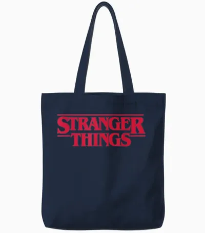 Stranger Things Main Logo T-Shirt, Black, S Tote Bags - Navy