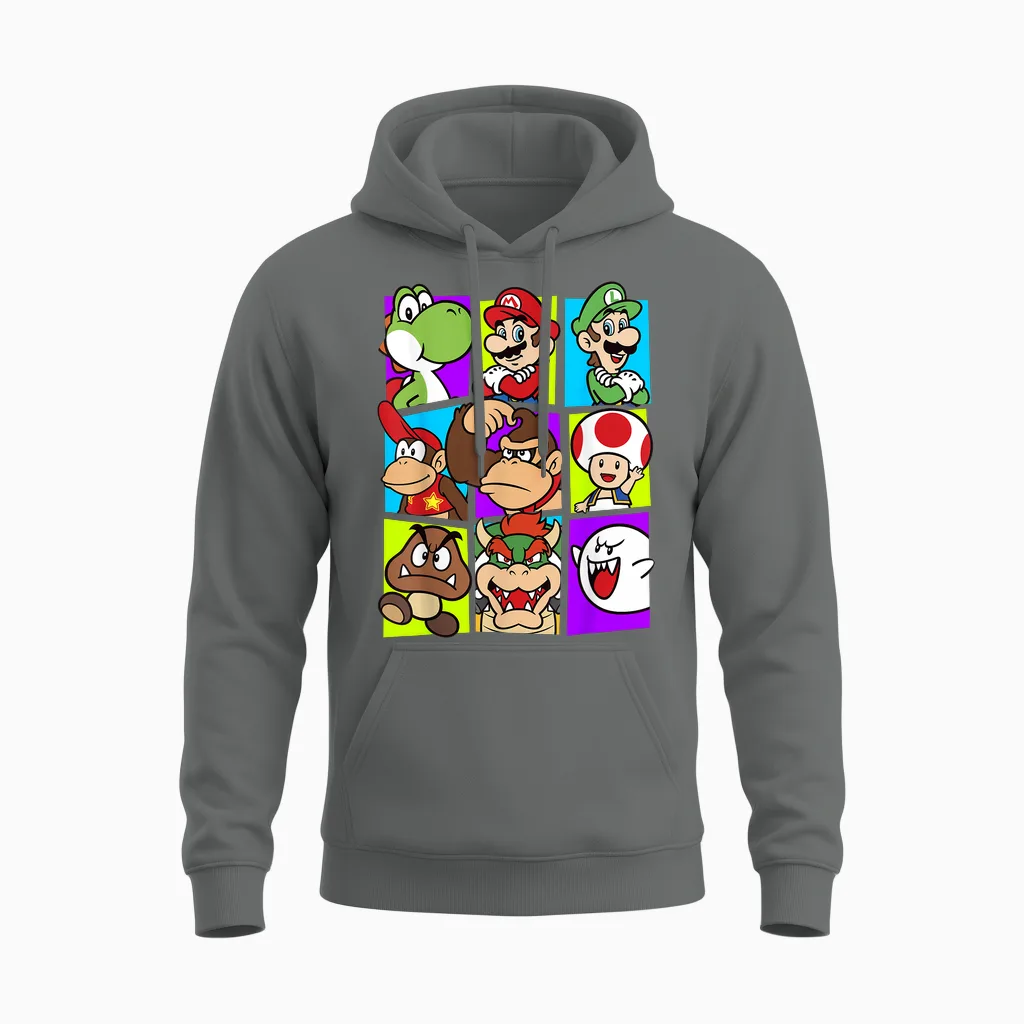 Super Mario Yoshi Luigi Bowser & Gang Box-Up Graphic Unisex Hoodie in Graphite Heather