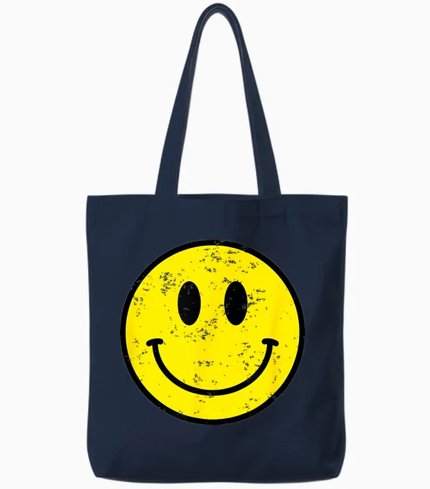 Retro 70s 80s Happy Face Yellow Smile Face Funny Vintage T-Shirt, Black Tote Bags in Navy