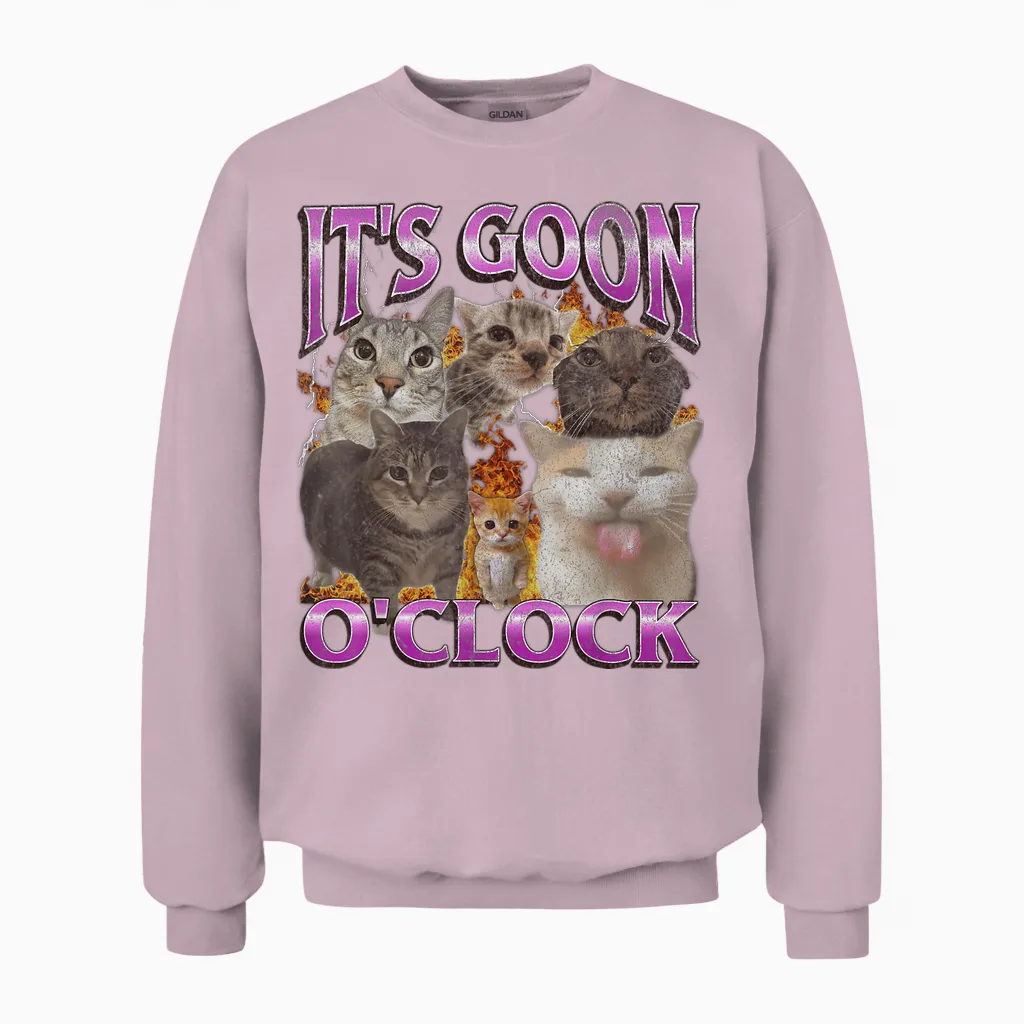 Gooning O'clock Lustige Katze Meme Bootleg Grafik Unisex Sweatshirt in Light Pink