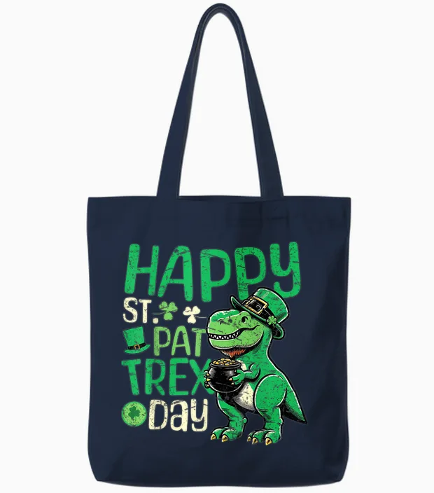 Happy St Pat T-Rex Day Dinosaur St Patricks Day Boys Tote Bags in Navy