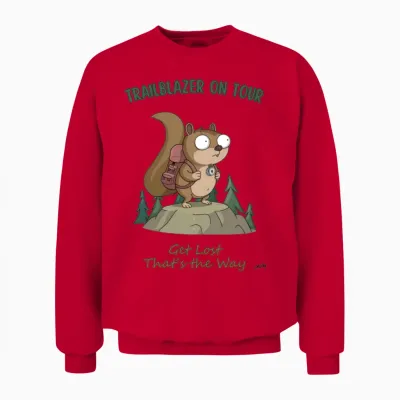 Hiking Squirrel: the Compass Crew Unisex Sweatshirt - Red