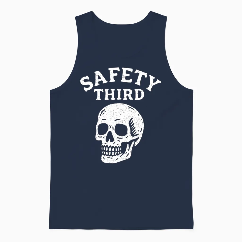 Safety Third Skull Funny Sarcastic Safety Third Unisex Tank Top in Navy
