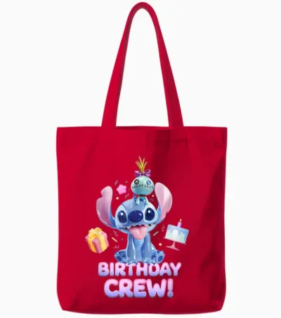 Disney Lilo & Stitch with Scrump Big Shiny Birthday Crew T-Shirt, Black Tote Bags - Red