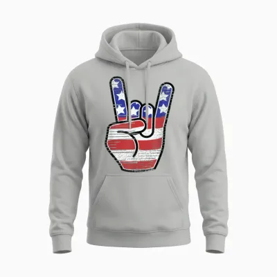 Rock N Roll Usa Flag Horns Sign Retro Band Unisex Hoodie - Ash