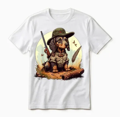 Dachshund Hunter on Dachshund Game Hunting T-Shirt, Black Unisex T-Shirt - White