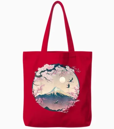 Japanese Sakura Garden Geisha Mount Fuji Cherry Blossom Tote Bags - Red
