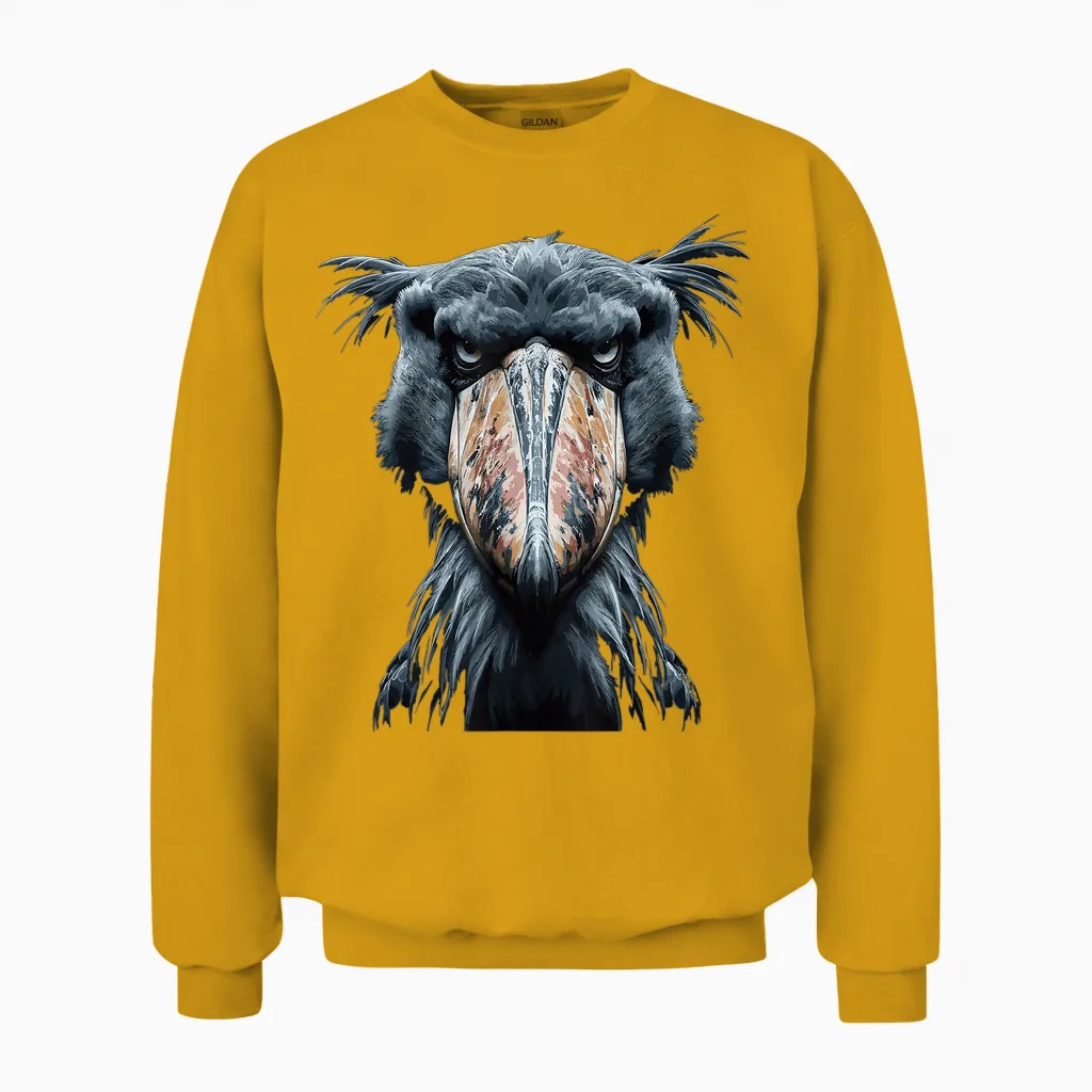 Majestic Shoebill Storks Portrait T-Shirt, Black Unisex Sweatshirt in Gold