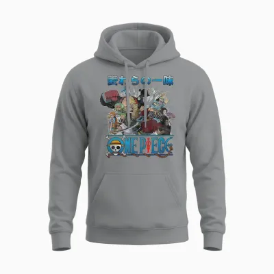 One Piece Anime Retro Straw Hat Crew Cast Collage Unisex Hoodie - Sport Grey