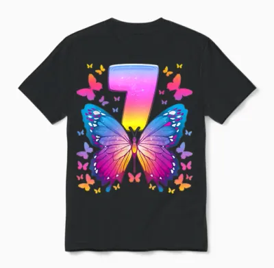 7th Birthday Girl 7 Years Butterfly Number 7 T-Shirt, Black Unisex T-Shirt - Black