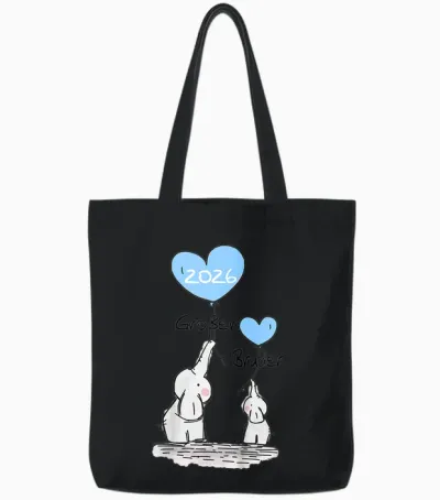 Children's Big Brother 2026 Gift Elephant Announcement Birth T-Shirt, White Tote Bags - Black