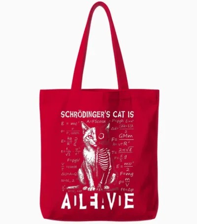 Quantum Physics of the Dead and Living Cat by Schrodinger Tote Bags - Red