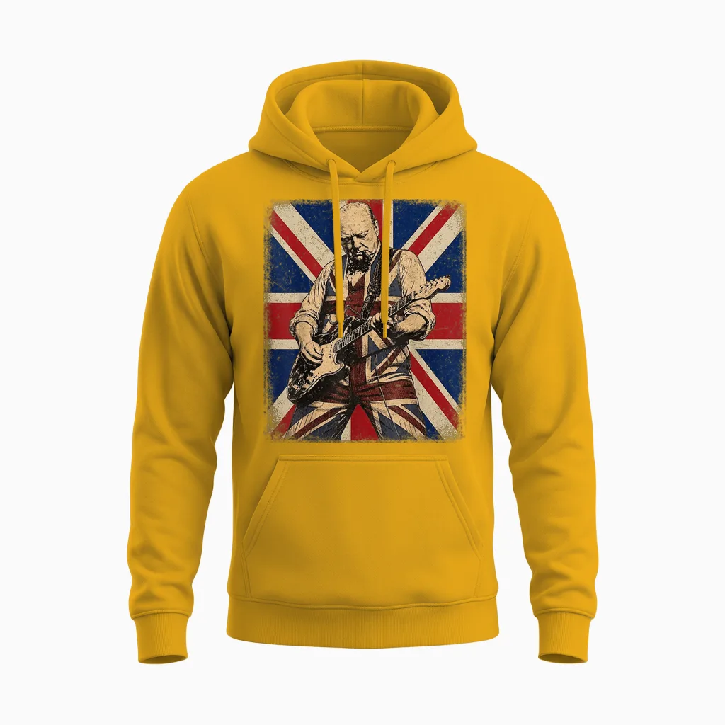 Drapeau Britannique Vintage Boss Winston Churchill Jouant De La Guitare Unisex Hoodie in Gold