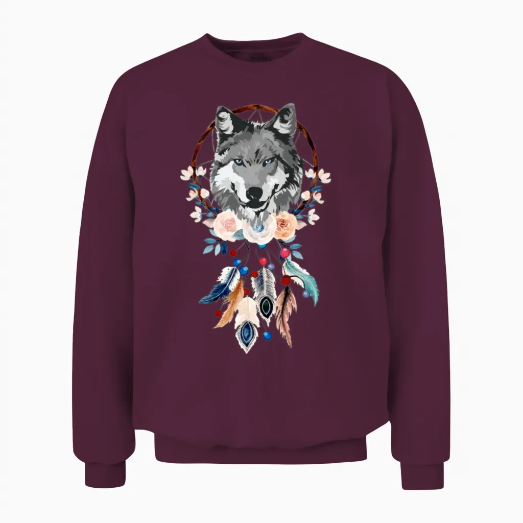 Beautiful Dreamcatcher Women Girls Wolf Feathers Unisex Sweatshirt in Maroon