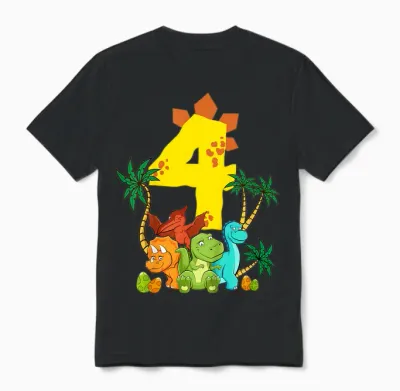 Children's 4 Years Birthday Boy Dinosaur Party Dino I Am 4 T-Shirt, Black Unisex T-Shirt - Black