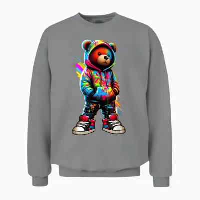 Colorful Hip Hop Teddy Bear Urban Rap Music Breakdance T-Shirt, Black, S Unisex Sweatshirt - Sport Grey