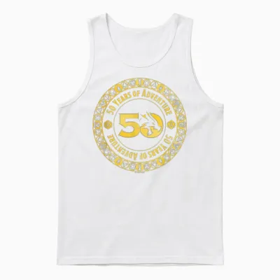 Dungeons & Dragons 50 Years of Adventure Gold Badge T-Shirt, Black, S Unisex Tank Top - White