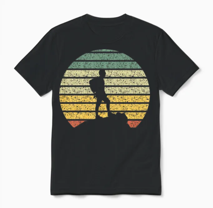 Hiking Silhouette Vintage & Outdoors Gift Unisex T-Shirt in Black