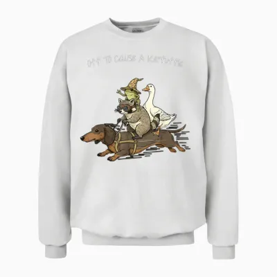 Off to Cause a Kerfuffle Frog Raccoon Goose Riding Dachshund Unisex Sweatshirt - White